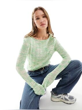 ASOS 16” PTP Wide Rib Top In Space Lightweight Knit Sweater, Green, Size Small.